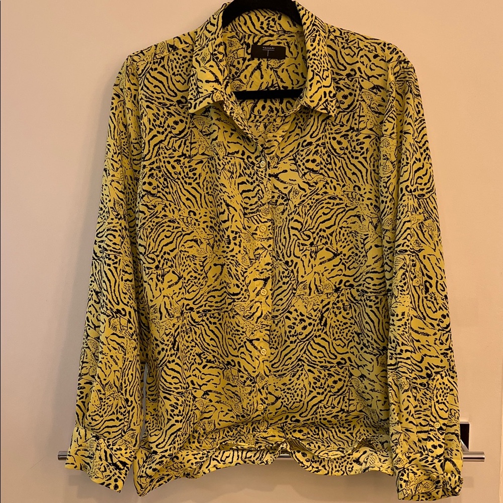 Tahari Chartreuse and Black Printed Blouse